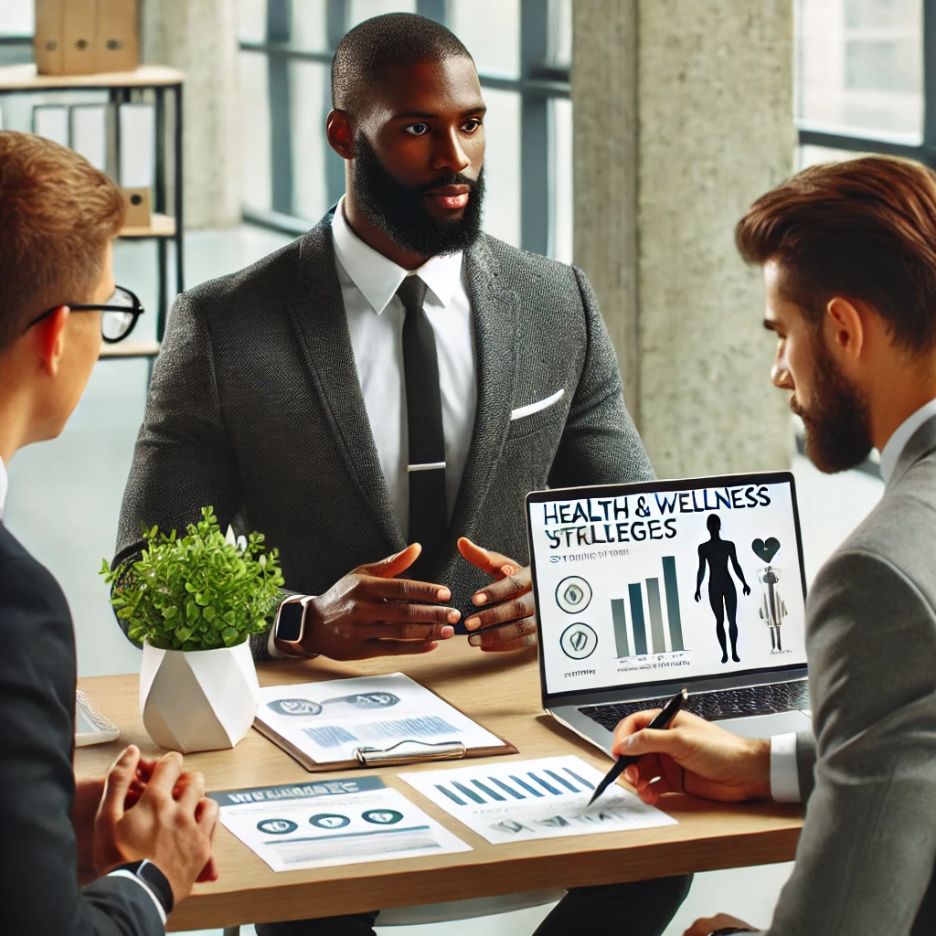 DALL·E 2025-03-11 07.04.31 - A professional consultant, Coach Sid Jr., a Black man, sitting at a modern desk with business clients. He is dressed in business attire, presenting he